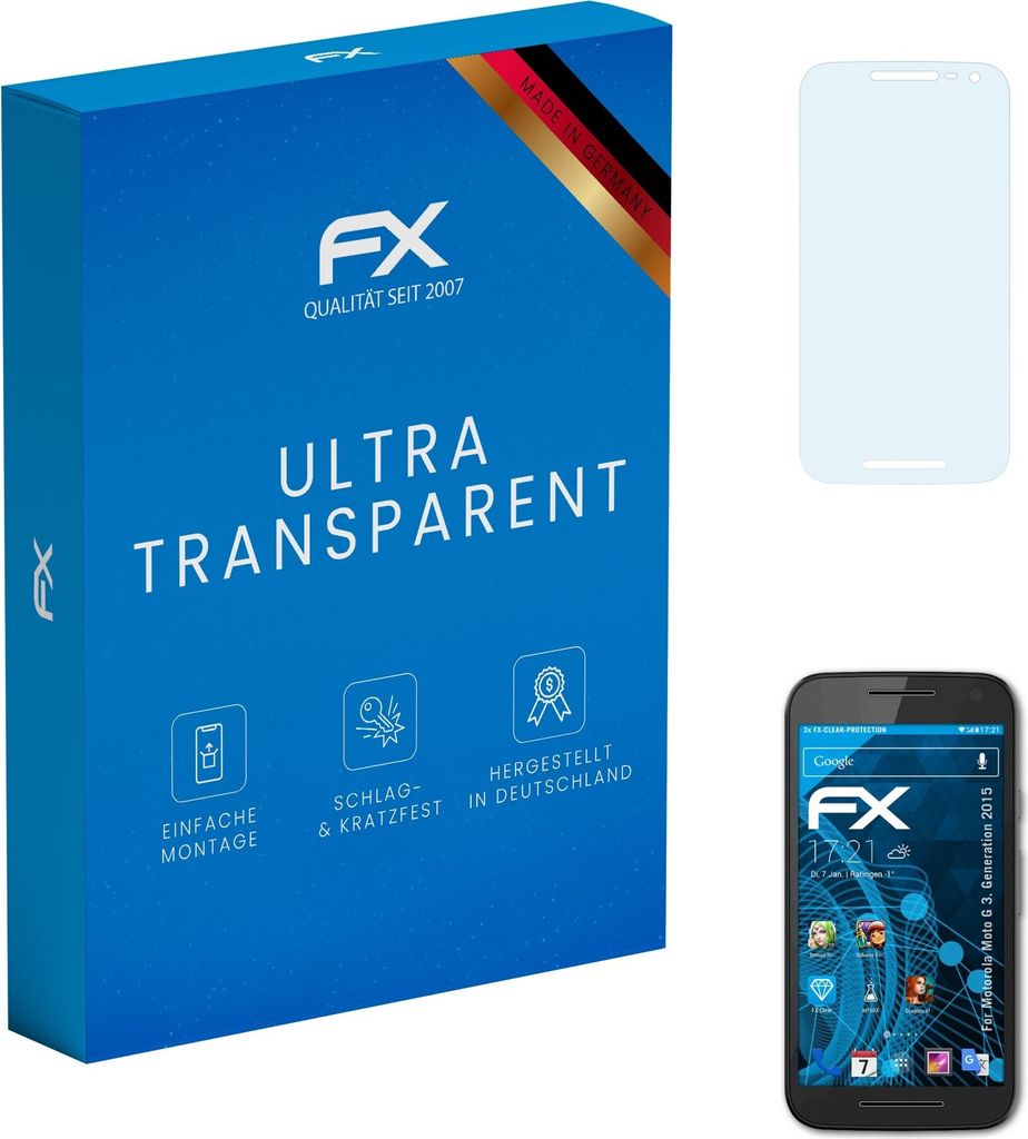 atFoliX FX-Clear 3x Schutzfolie kompatibel mit Motorola Moto G (3. Generation 2015) Displayschutzfolie