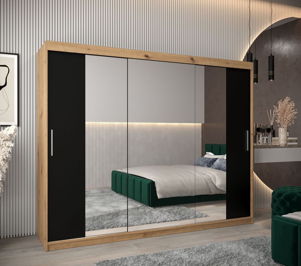 Schwebetürenschrank mit einer Breite von 250 cm TIMEA 2 – Eiche Artisan / Schwarz