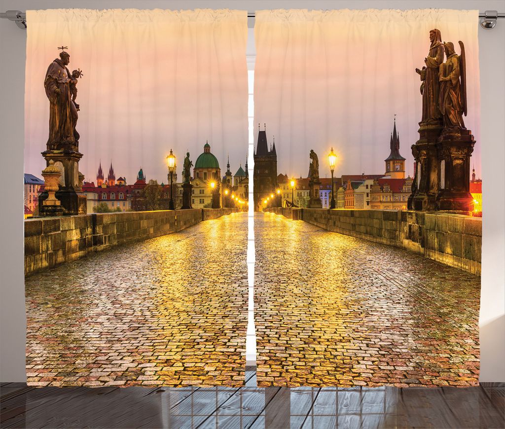 ABAKUHAUS Stadtansicht Rustikaler Gardine, Old Town in Prag, Schlafzimmer Kräuselband Vorhang mit Schlaufen und Haken, 280 x 245 cm, Gelb Braun