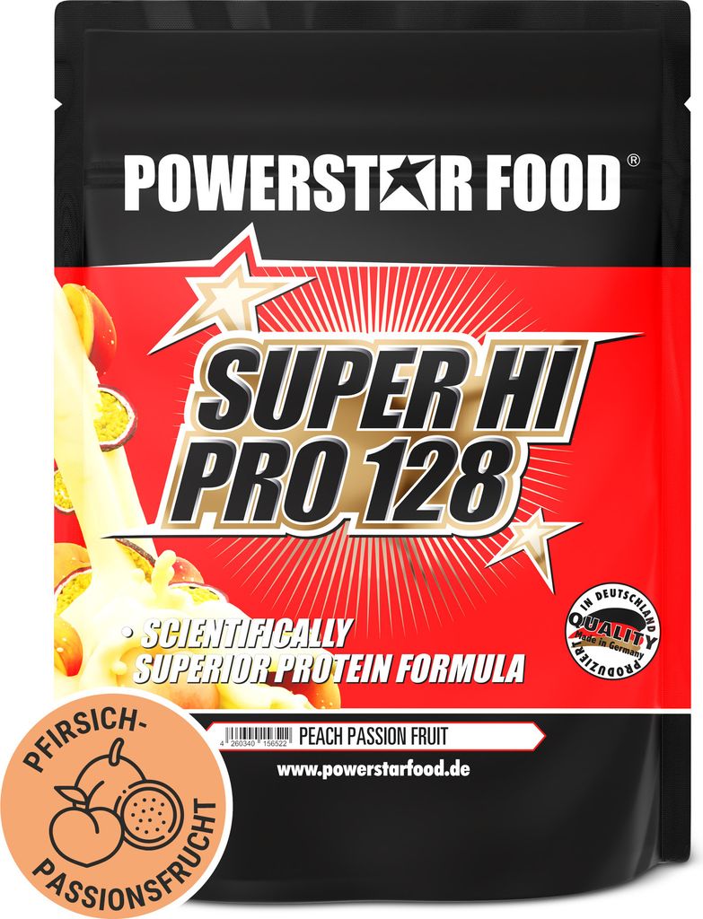 Powerstar SUPER HI PRO 128 | Mehrkomponenten Protein-Pulver 1kg | Höchste Biologische Wertigkeit | Protein-Shake Muskelaufbau | Peach Passion Fruit