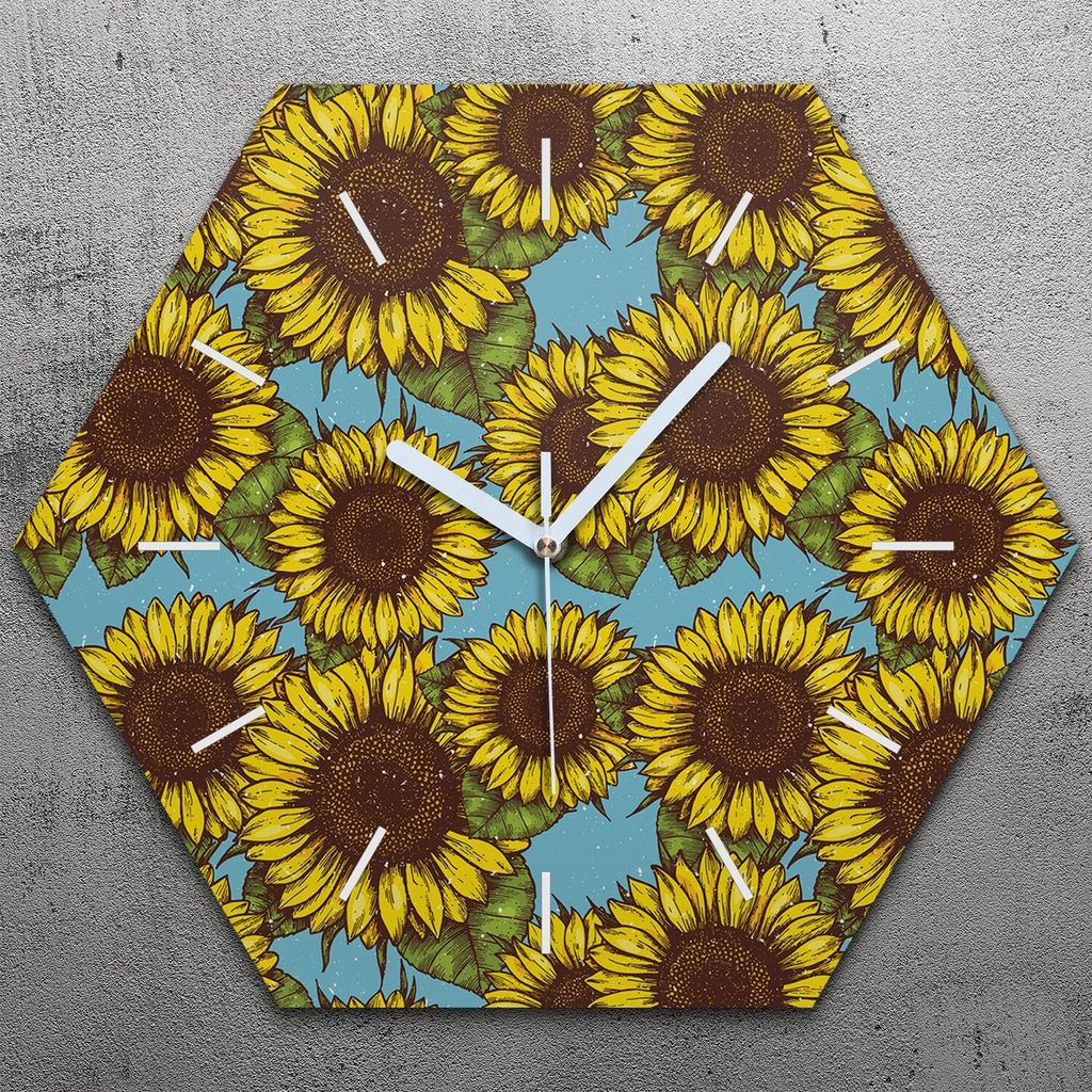 Uhr hexagonal 40 cm Glas Geräuschlos weiße Zeiger - Retro Sonnenblume