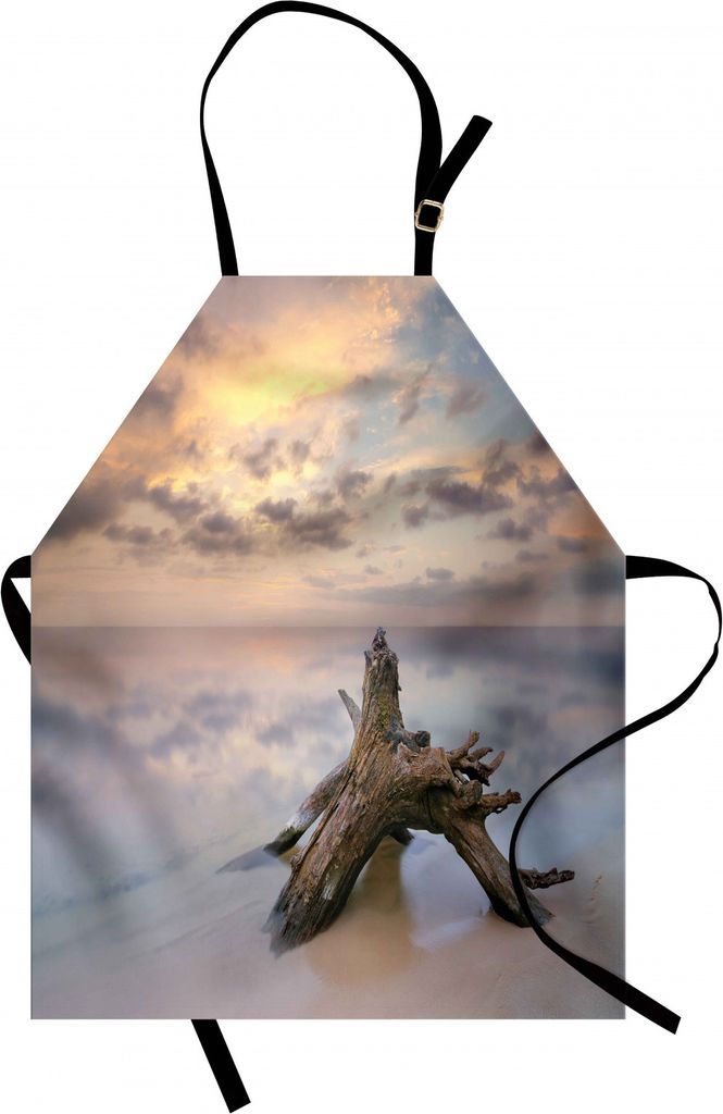 ABAKUHAUS Treibholz Kochschürze, Sonnenaufgang auf dem Wasser und Treibholz auf dem Sandy Beach Digital Image Print, Farbfest Höhenverstellbar Wa...