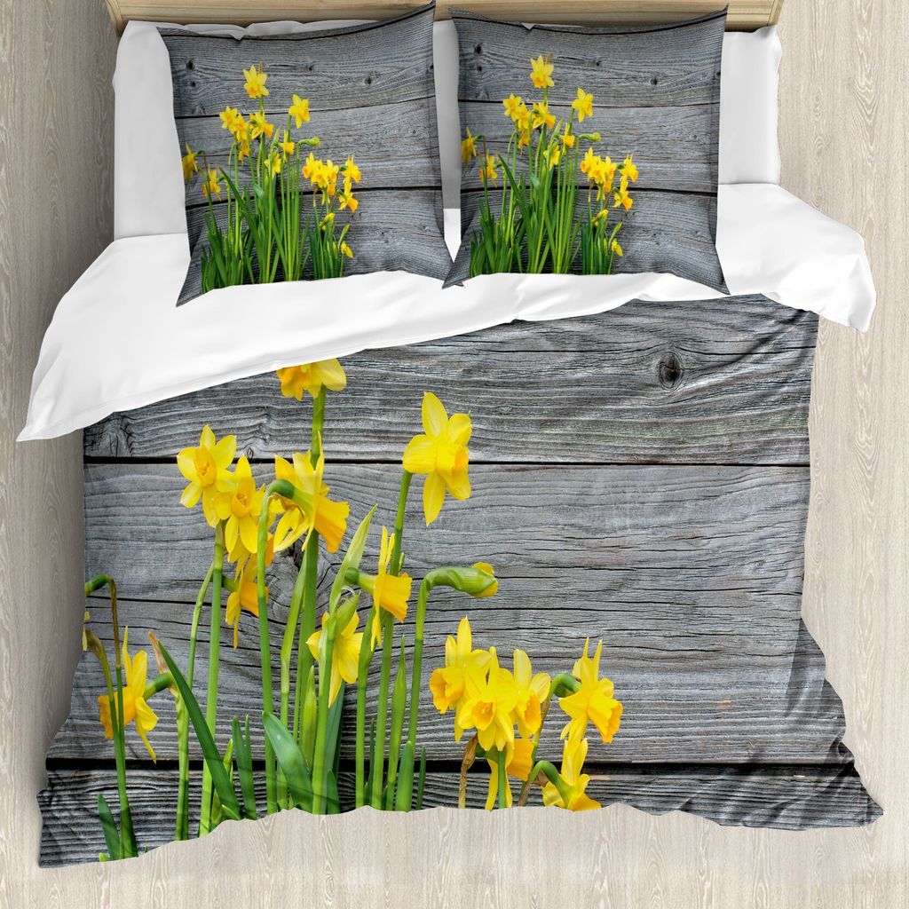 ABAKUHAUS Gelbe Blume Bettbezug, Narzissen-Blumenstrauß, Milbensicher Allergiker geeignet mit Kissenbezügen, 155 cm x 220 cm - 80 x 80 cm, gelb Grau