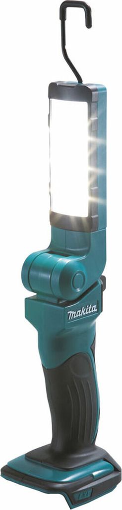 A teal and black Makita LED work light with a hook.