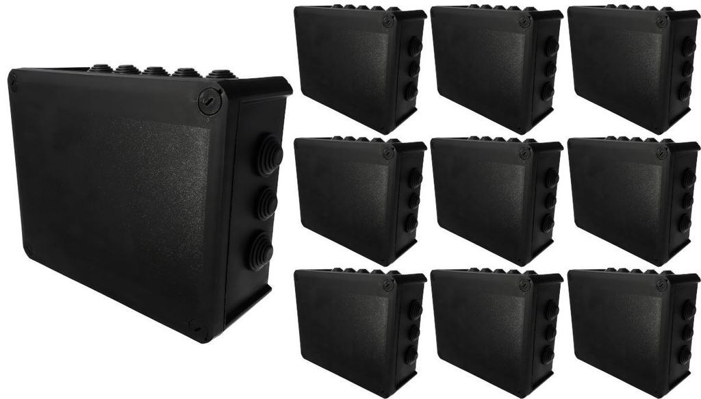 10x Aufputz-Hermetikkasten mit Kabelverschraubungen, verschraubter Deckel, 240x190x95mm, IP66, schwarz, EDO777832, EDO Technic
