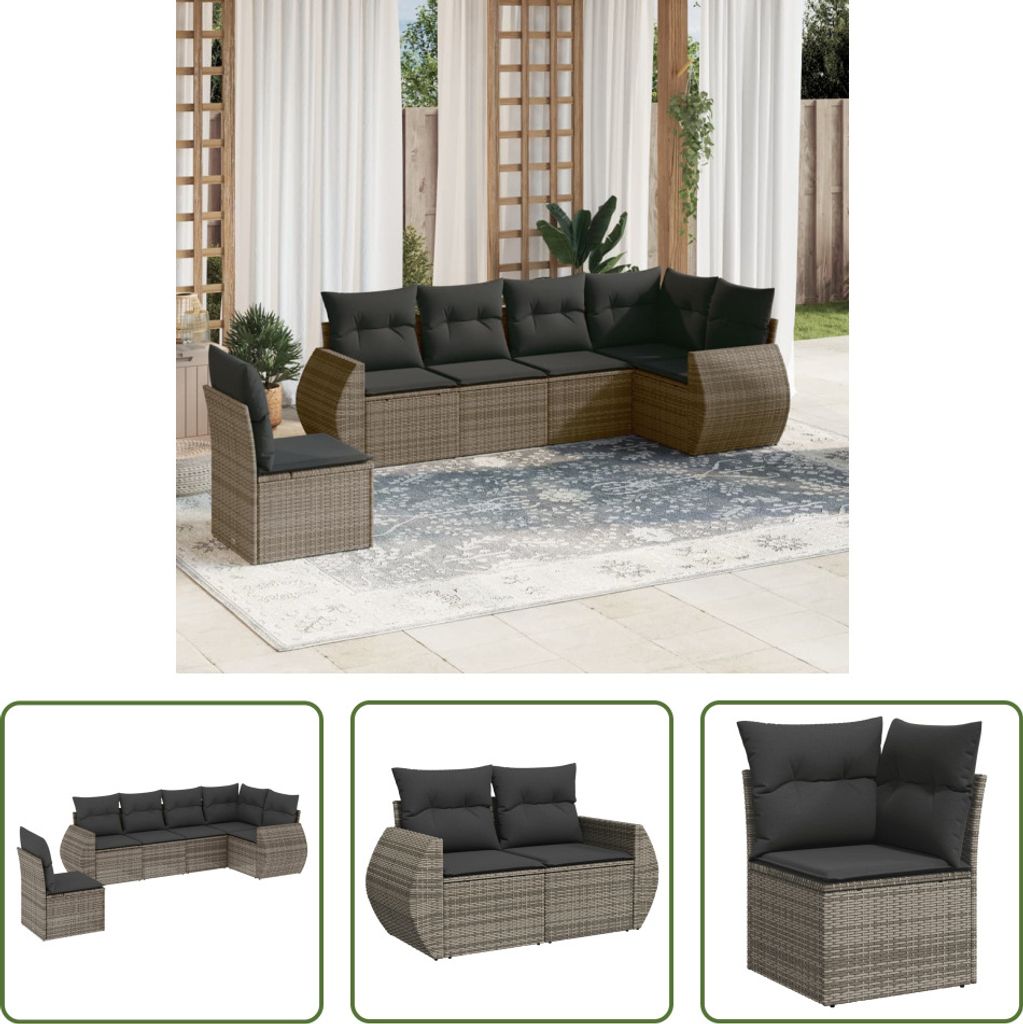 The Living Store 6-tlg. Garten-Sofagarnitur mit Kissen Grau Poly Rattan