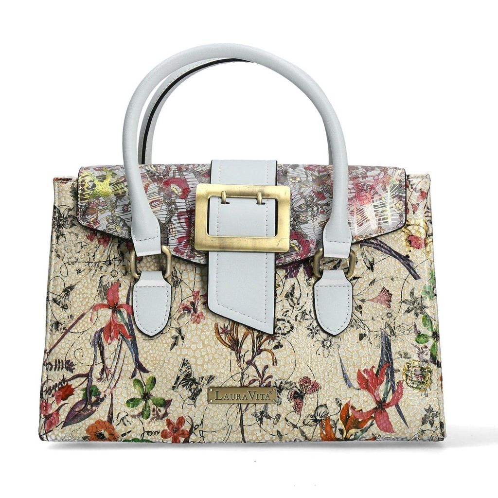 LAURA VITA Henkeltasche Andarta 01 beige weiß geblümt mit langem verstellbaren Schultergürtel abnehmbar