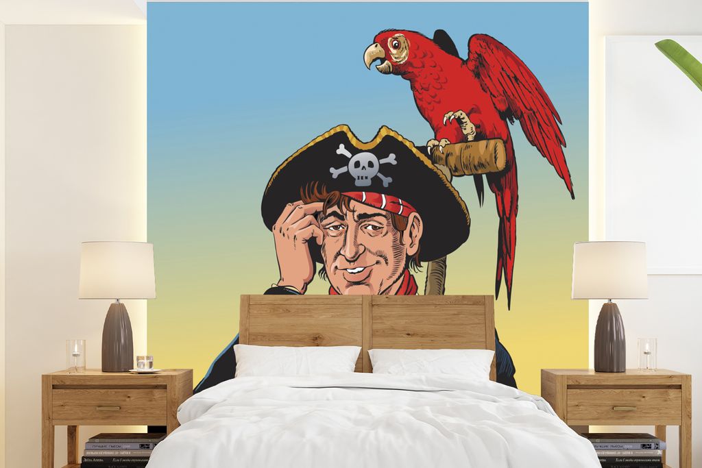 MuchoWow Fototapete für Wohnzimmer oder Schlafzimmer Wandtapete Vinyl Motivtapete Bunte Kinderillustration von einem Piraten und einem Papagei -...