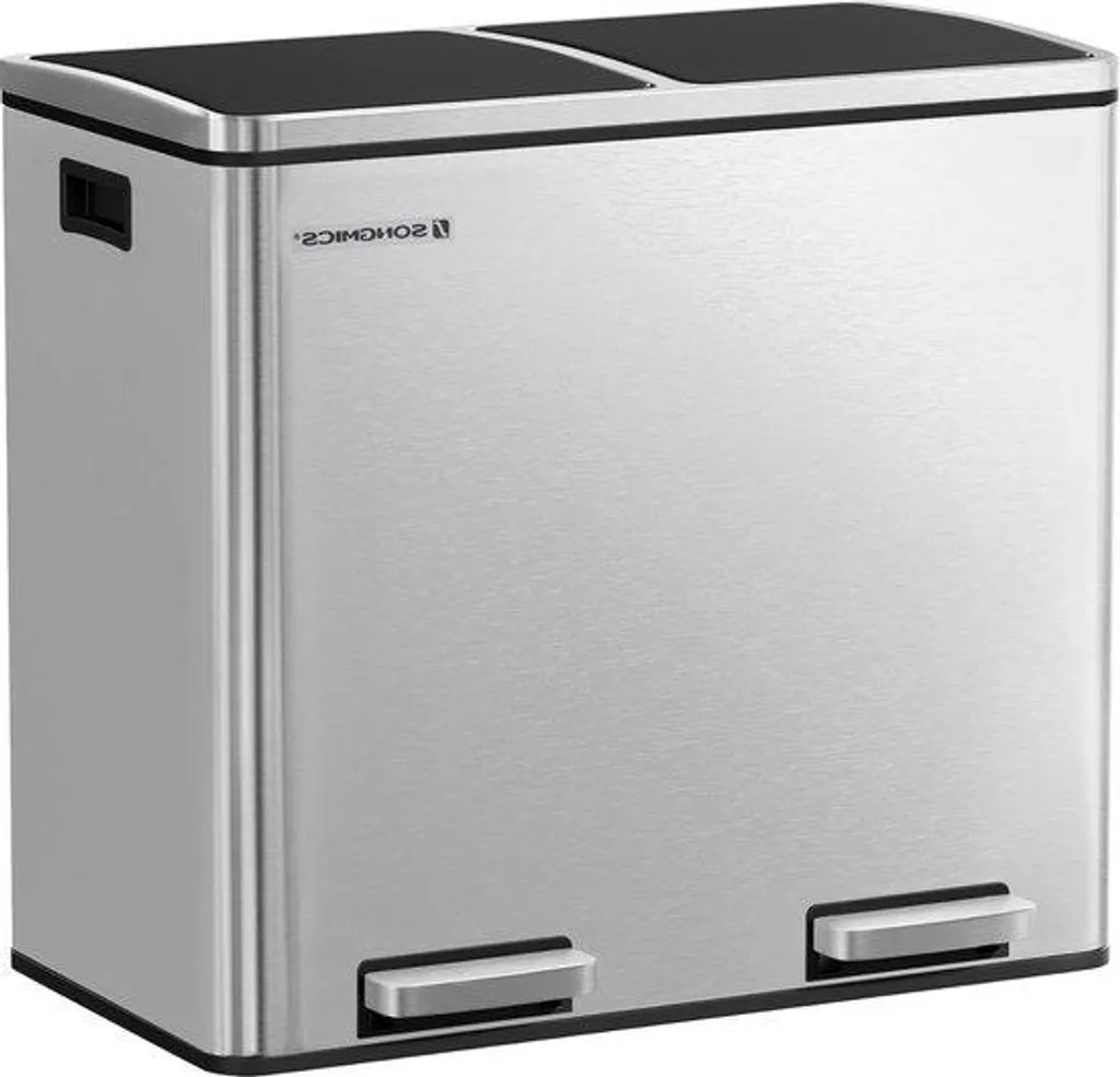Poubelle double bac 50L argentée anti-odeur et silencieuse pour le tri
