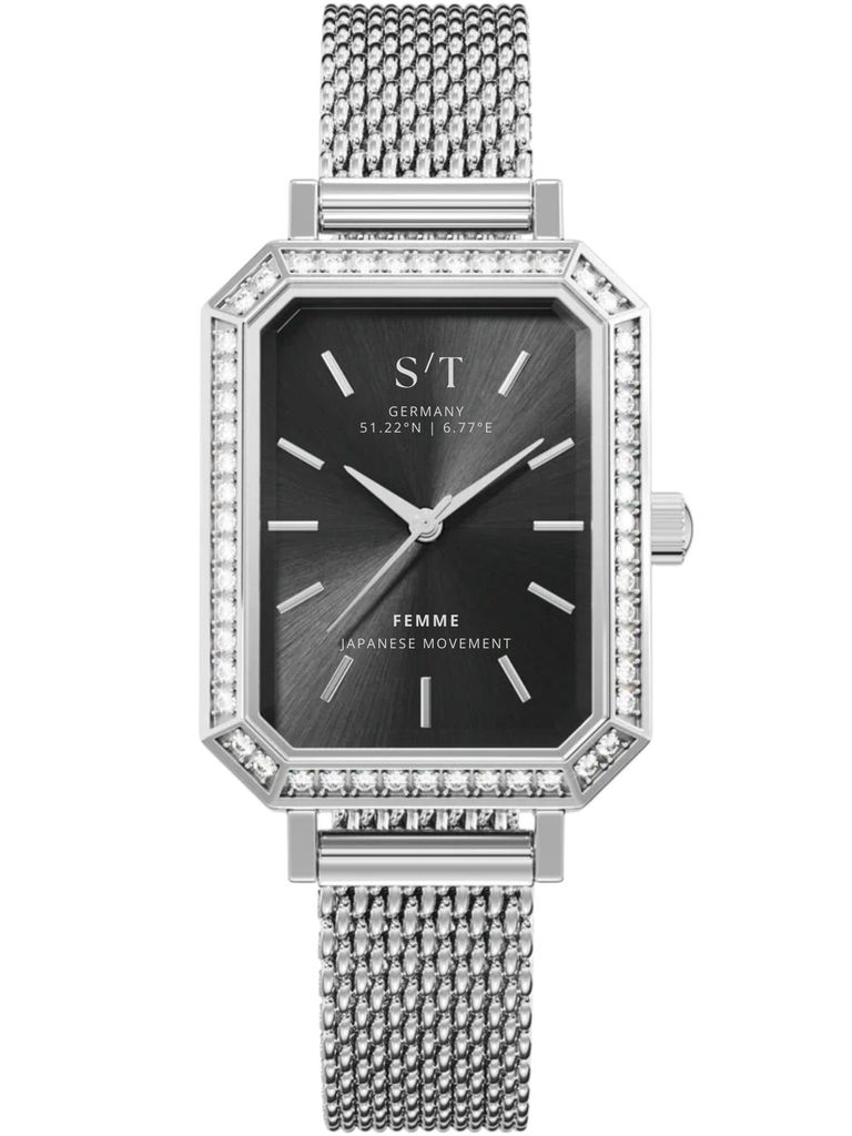 Quarzuhr Damen Armbanduhr Edelstahl Diamant Damenuhr S/T FEMME Packung, Mit Mesh Armband und Armbandkürzer, 5 ATM Wasserdicht Japanisches Uhrwerk