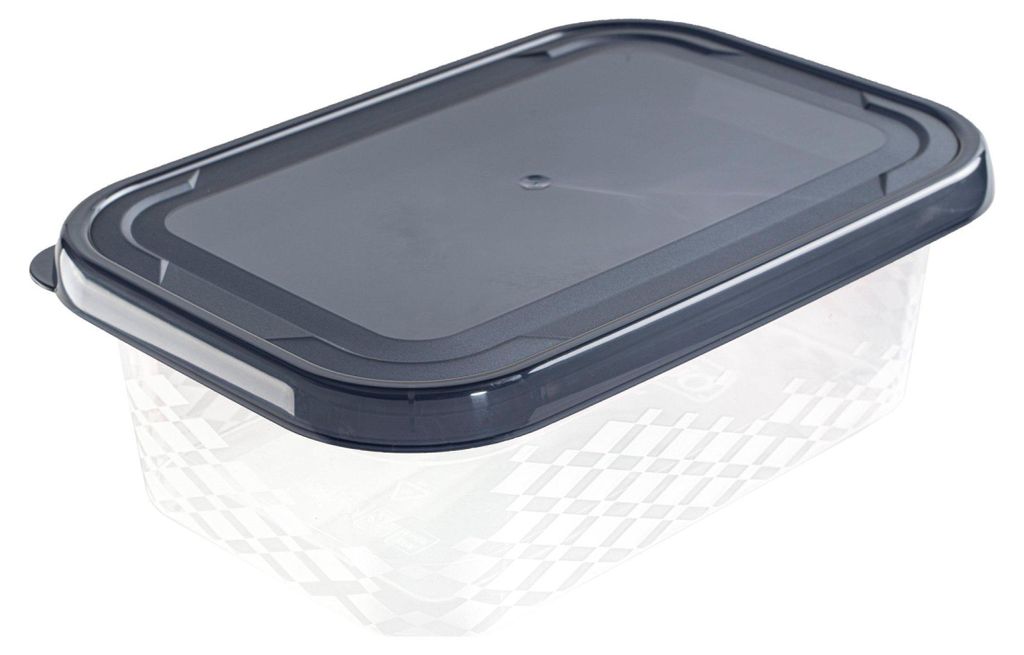 A clear studio shot of a rectangular food container with a dark gray lid.