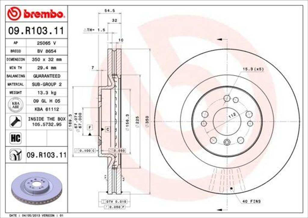 BREMBO 09.R103.11 Bremsscheibe OE 1644210512 kompatibel mit R-Klasse, M-Klasse, GL-Klasse