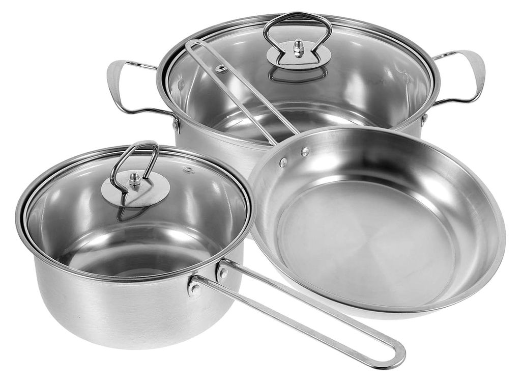 Edelstahl Kochgeschirr Set 3 Teile Milchtopf, Bratpfanne, Suppentopf mit Stahlgriff für Induktion und vielseitiges Kochen