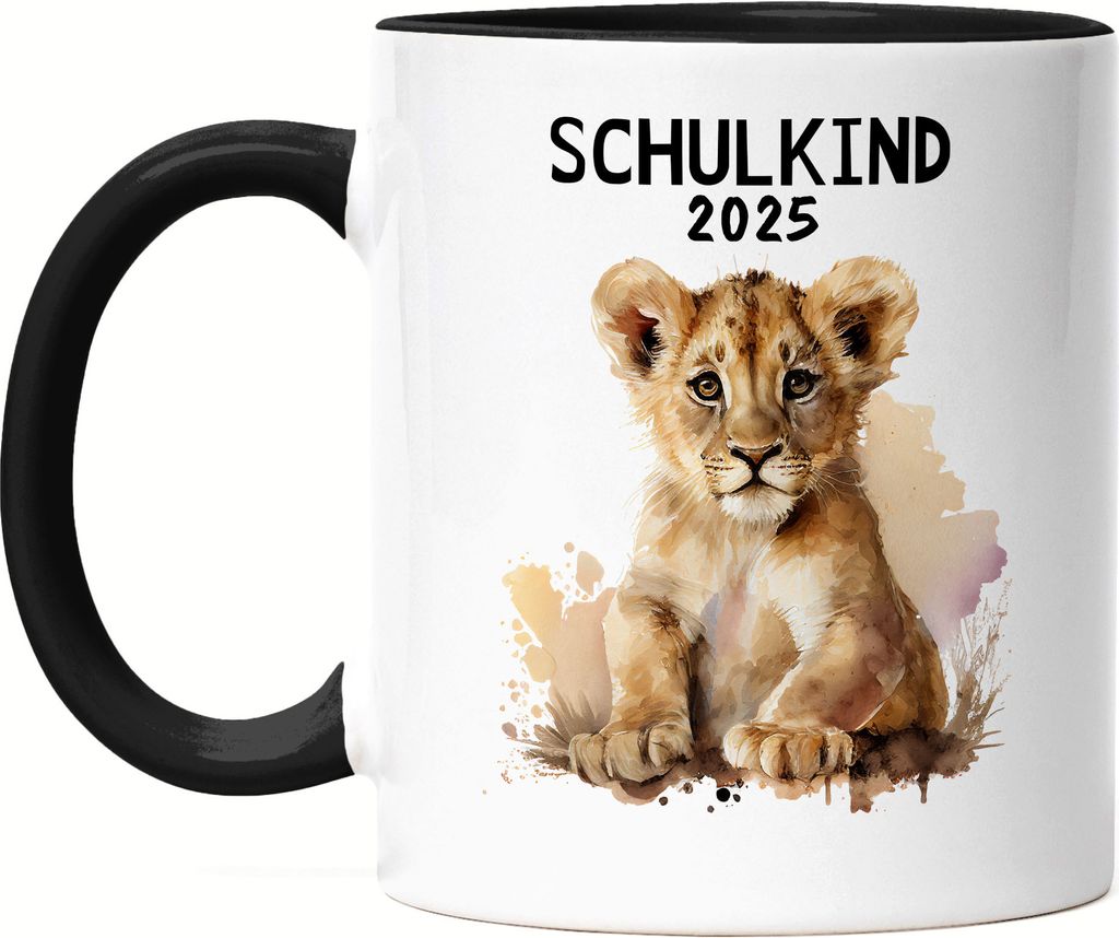 Schulkind 2025 Löwe Tasse Schwarz Einschulungs-Geschenk Erstklässler Schulanfang