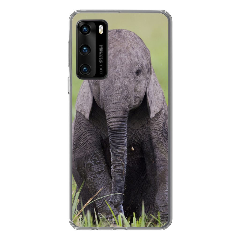 MuchoWow Handyhülle Schutzhülle Hülle für Huawei P40 Elefant - Baby - Tiere - Gras - Natur Silikon Softcase Handy Hülle - Handytasche