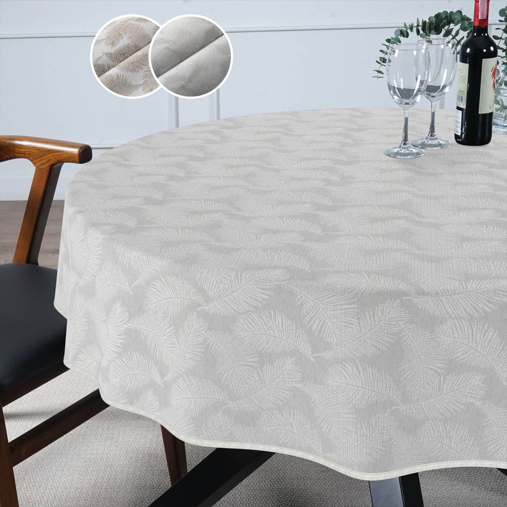 Tischdecke Feder - KATE aus feinem Stoff exklusiv Veredelung Tischtuch Edelmetall Tischwäsche gemustert Silber Rund 140cm mit Paspelband