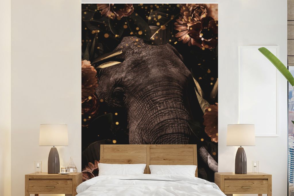 MuchoWow Fototapete für Wohnzimmer oder Schlafzimmer Wandtapete Vinyl Motivtapete Elefant - Blumen - Gold - 200x300 cm - Wanddekorationen