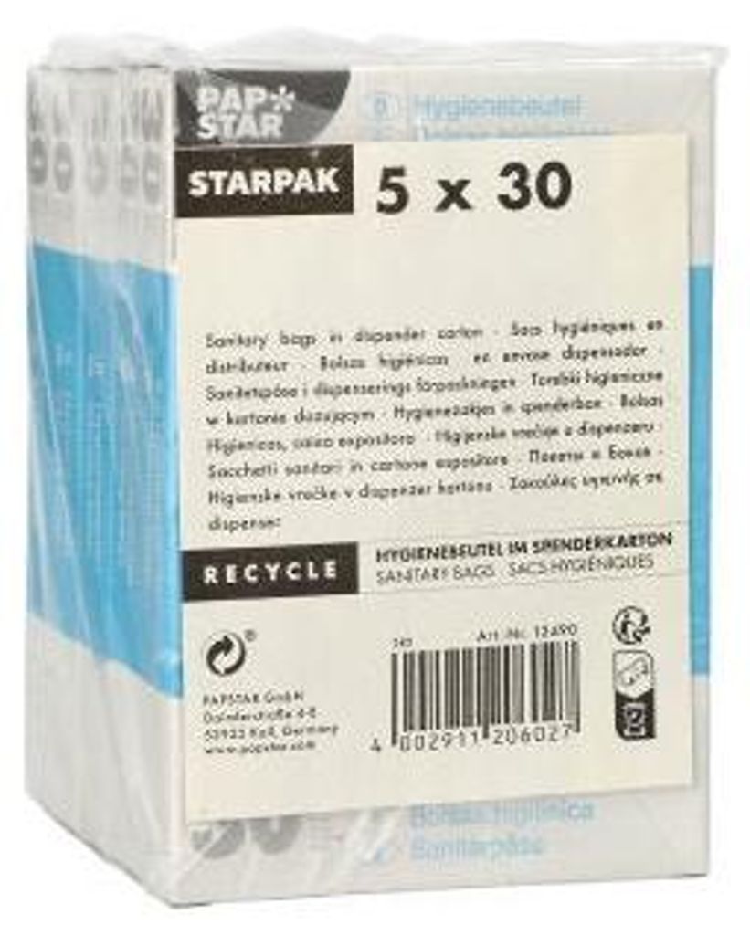 Hygienebeutel 28,5 cm x 8 cm x 7 cm weiss im Spenderkarton Produktbild 