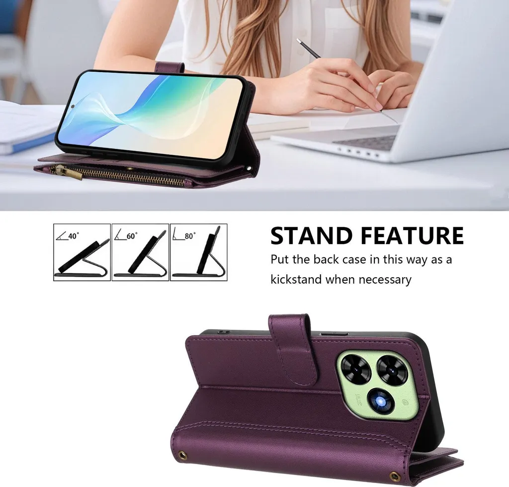 Cover Tecno Pop 8 / Spark 20 Wallet Case con Zip e Supporto - Viola - 2