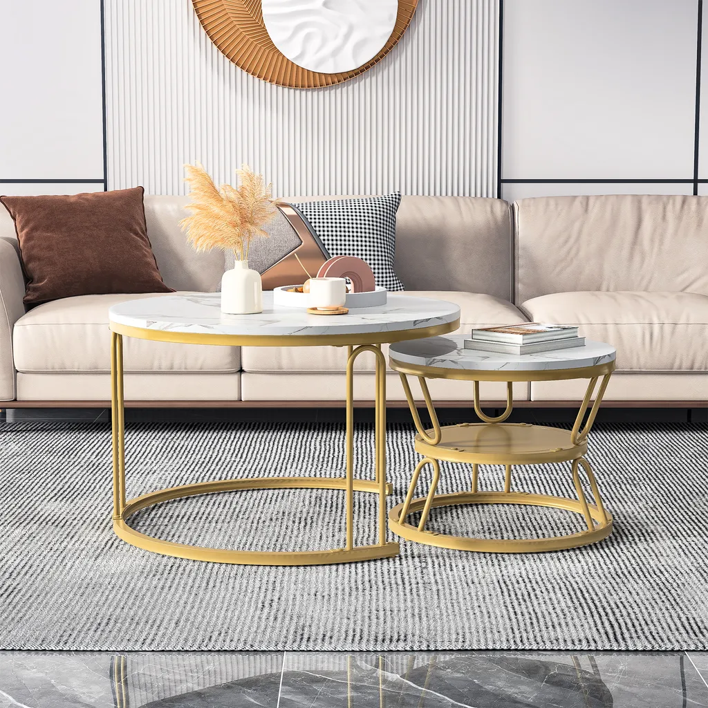 Tavolino da Salotto Moderno CDGlobal Set 2 Pezzi Marmo e Nero