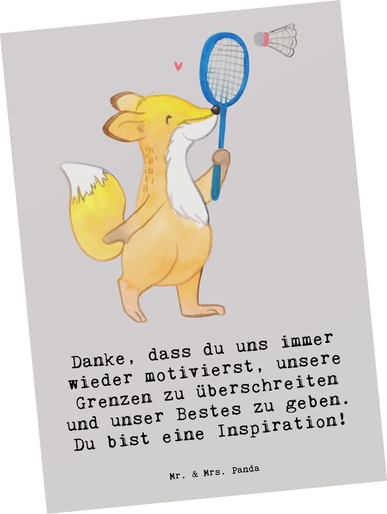 Mr. & Mrs. Panda Postkarte Badminton Trainerin Inspiration - Grau Pastell - Geschenk, sorgfältig verarbeitet, Grußkarte, bildkarte, einzigartige ...