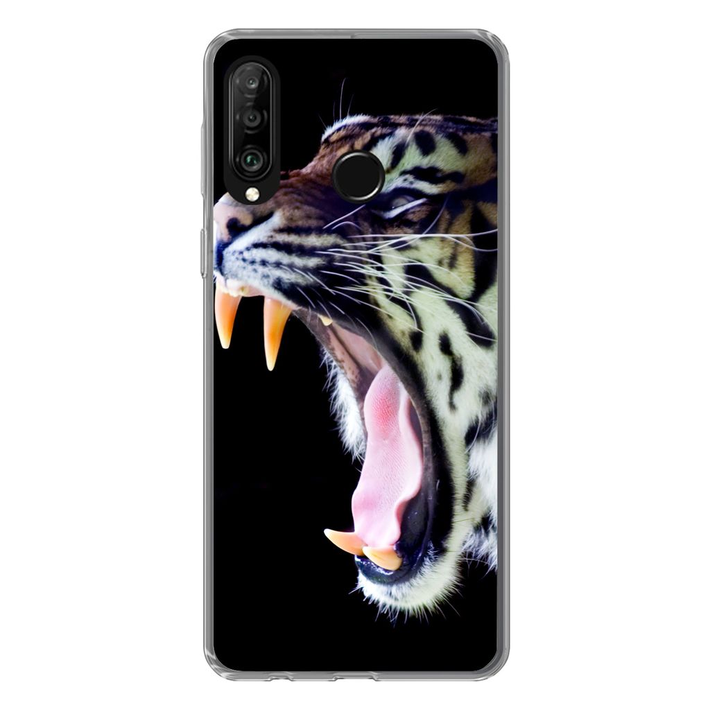 MuchoWow Handyhülle Schutzhülle Hülle für Huawei P30 Lite Brüllender Tiger auf schwarzem Hintergrund Silikon Softcase Handy Hülle