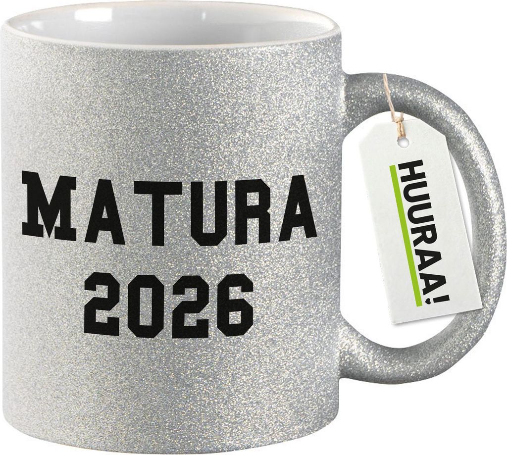 Huuraa Glitzertasse Matura 2026 Abschluss Österreich / Schweiz 330ml Silber Keramik Kaffeebecher Geschenkidee