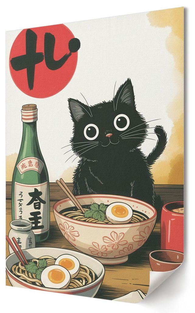 Kätzchen und Ramen- Kunstdruck A1 (59x84 cm) - Japanische Popkultur- Wandbild für Wohnzimmer Schlafzimmer & Flur, Modernes Poster Wanddeko, Unger...