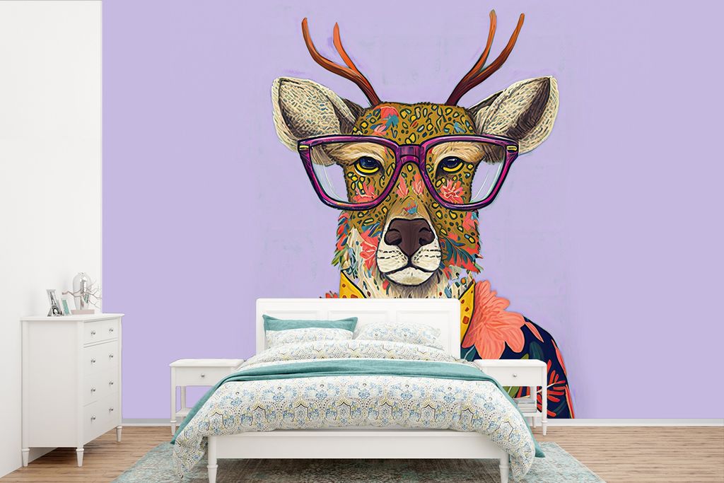 MuchoWow Fototapete für Wohnzimmer oder Schlafzimmer Wandtapete Vinyl Motivtapete Hirsche - Tiere - Blumen - Hippie - 360x240 cm - Vinyl-Tapete