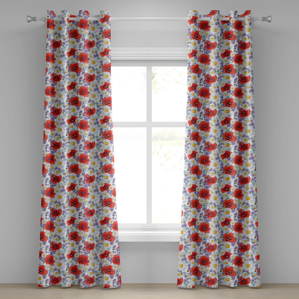 ABAKUHAUS Blume Ösenvorhang, Lila Blumen Mohn Und Gänseblümchen Sommer Natur Wildblumen Grafik, Dekorative 2-Panel-Fenstervorhänge, 280 cm x 26...