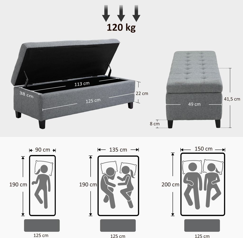Bout De Lit Banc Rembourré Avec Coffre Rangement Aspect Lin 100x40x44 Cm Bois Gris Clair Multifonctionnel Pour Couloir Chambre Ou Salon Design Pratique 88885674