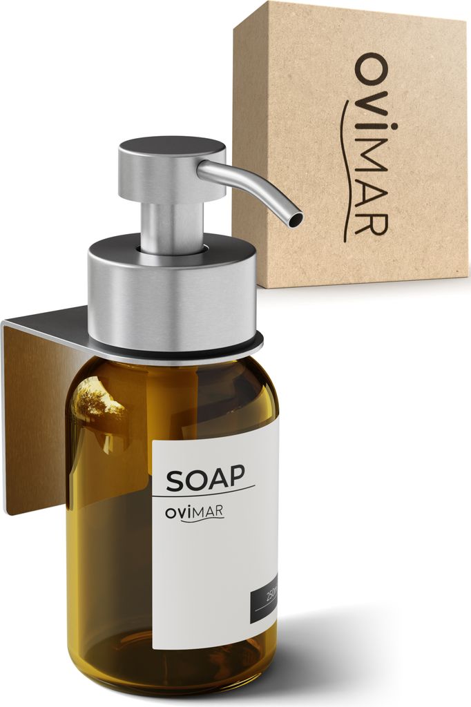ovimar Glas Seifenspender Rosnaes Silber | Edelstahl Pumpkopf und Wandhalterung | ohne Bohren zum Kleben mit 3M | 250ml Braunglas Apothekerglas