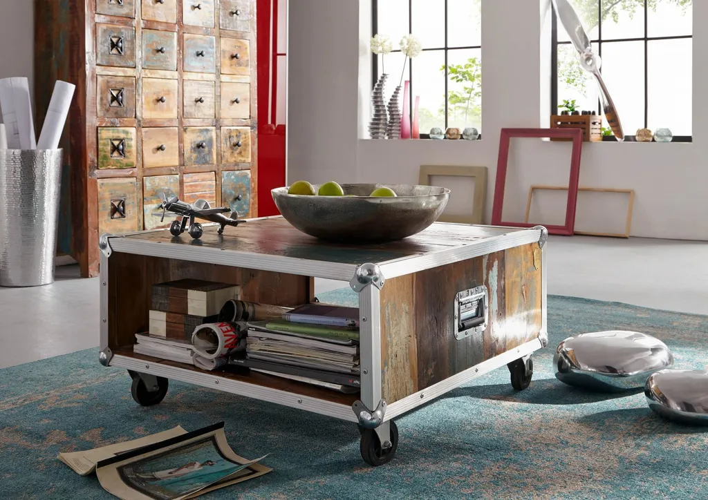 Table Basse 80x80 Bois de Récupération Multicolore Look Industriel - 9