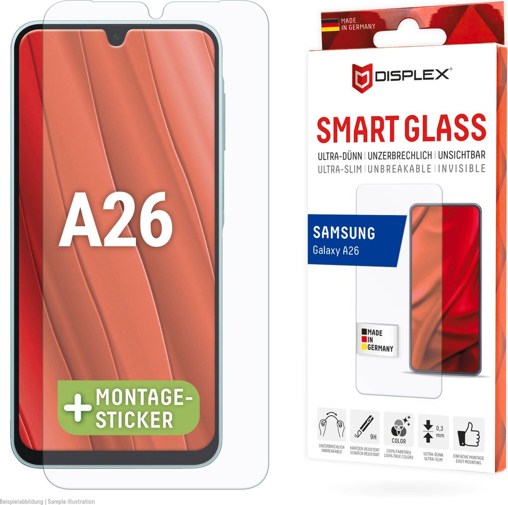 Displex Smart Glass (9H) für Samsung Galaxy A26/A16 (5G)/A17 (4G/5G), Montageaufkleber, unzerbrechlich