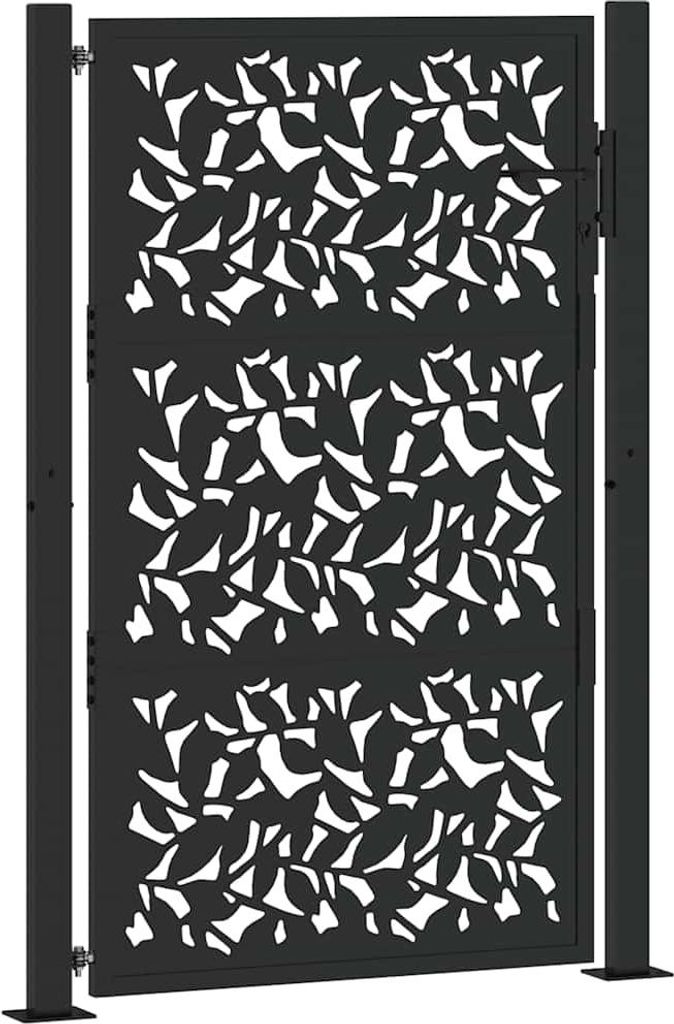 A black metal garden gate with a leaf design.