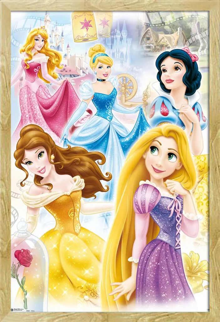 Disney - Poster - Gruppo di principesse + cornice rimovibile, Shinsuke® Maxi MDF faggio, disco acrilico