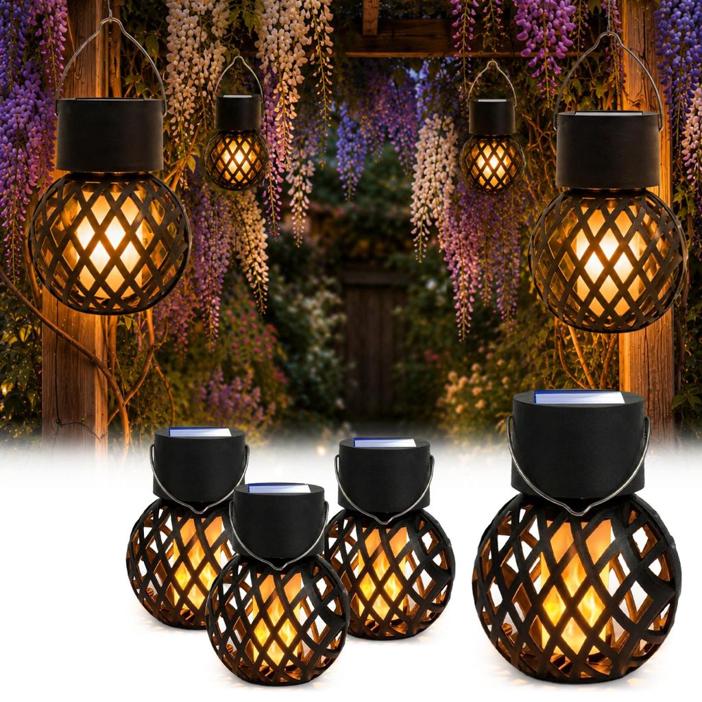 LUMILED 4er Set LED Solarlaterne für Außen Solar Laternen Draußen Laterne flackernder Flamme, 1800K Garten Solarleuchte Flammeneffekte IP44 schw...