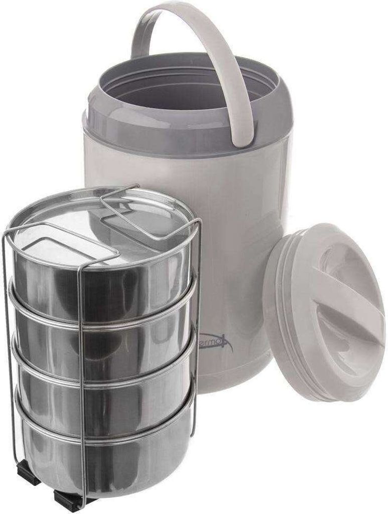 A set of stacked stainless steel food containers with a larger insulated outer container and a lid, presented against a white background.