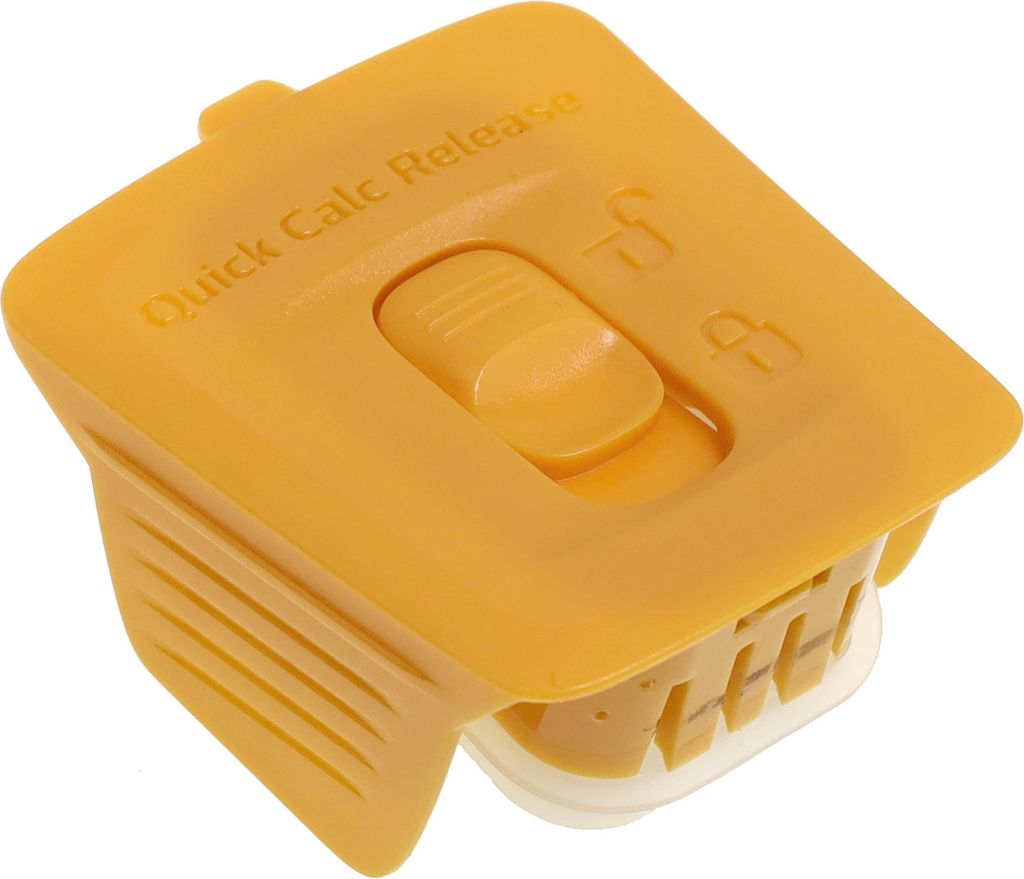 A close-up, angled view of a yellow plastic part with text and a button.