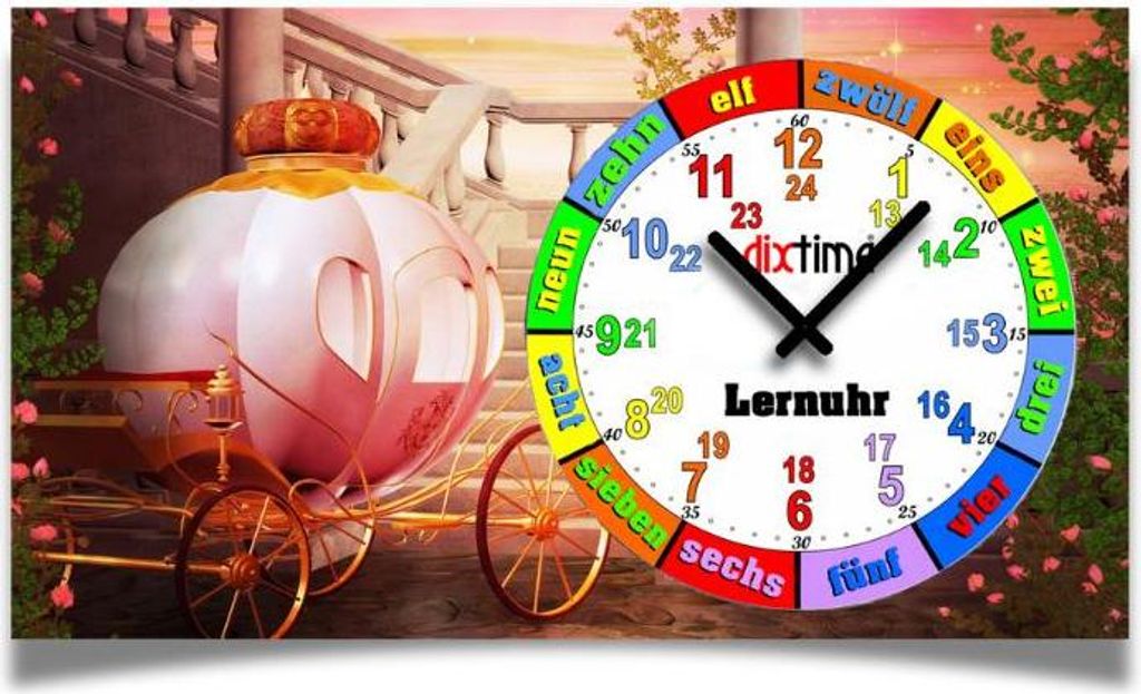Märchen Kinder-Lernuhr Kutsche und Schloß, leise kein ticken, dixtime 3D-0440