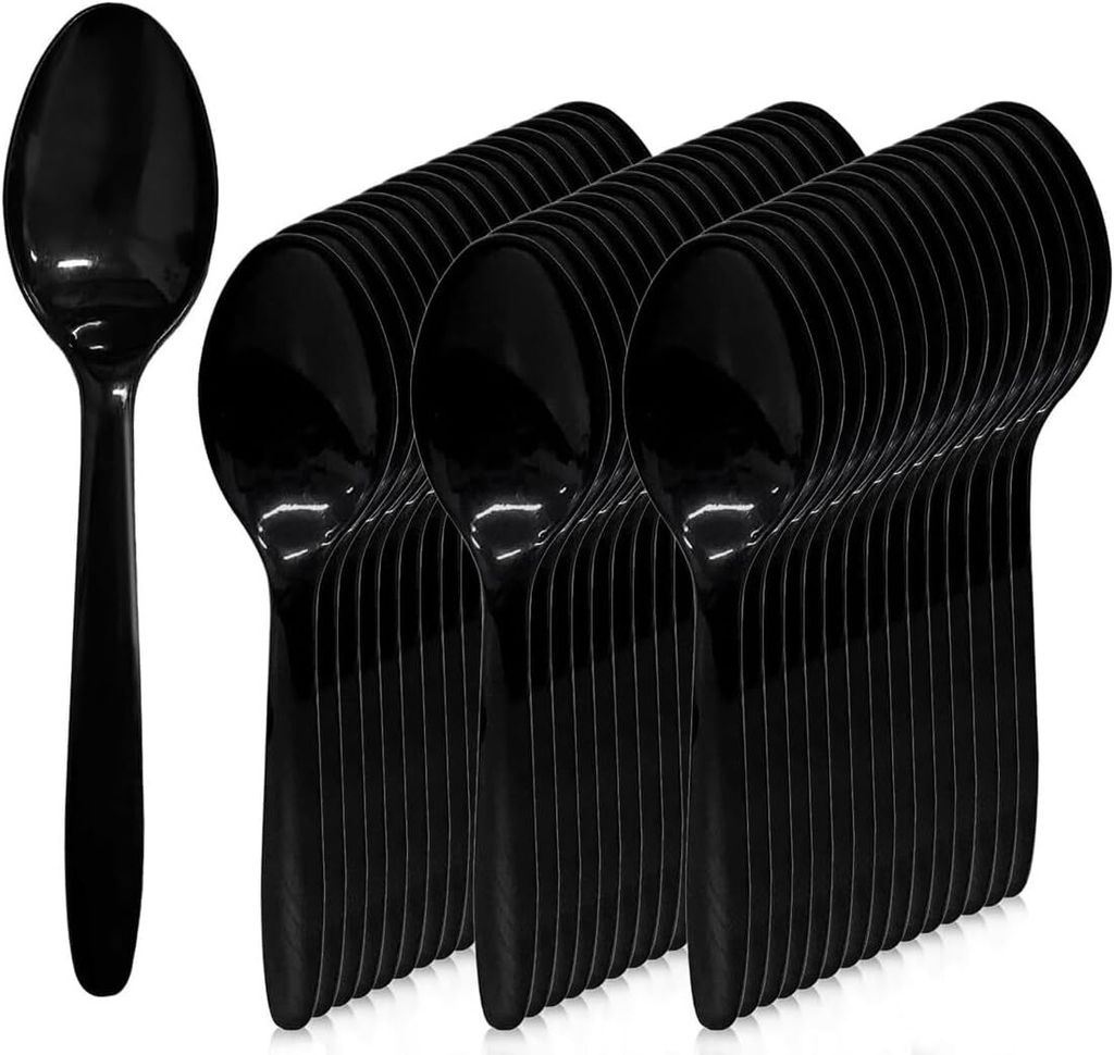Schwarzes Plastikbesteck - 100 Einweg-Plastiklöffel, 14,6 cm, dicker matter Griff, sicher und stabil - ideal für Geburtstage, Grillabende, Hochze...
