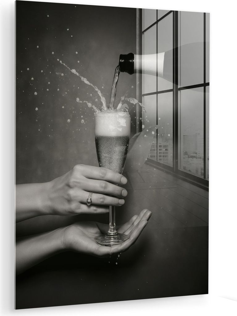 MuchoWow Glasbilder - Bilder auf Wandbild - Foto auf Glas Champagnerflasche - Glas - Minimalistisch - Spritzer 30x40 cm Wanddekoration aus Glas - A...