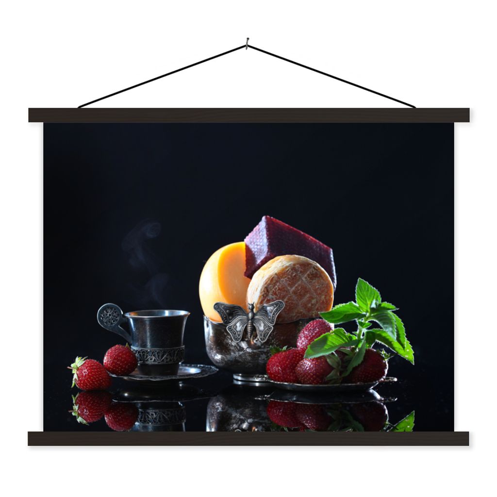 MuchoWow Textilposter Rustikal - Obst - Käse - Tisch - Stilleben 40x30 cm mit schwarzem Rahmen - Dekorationen