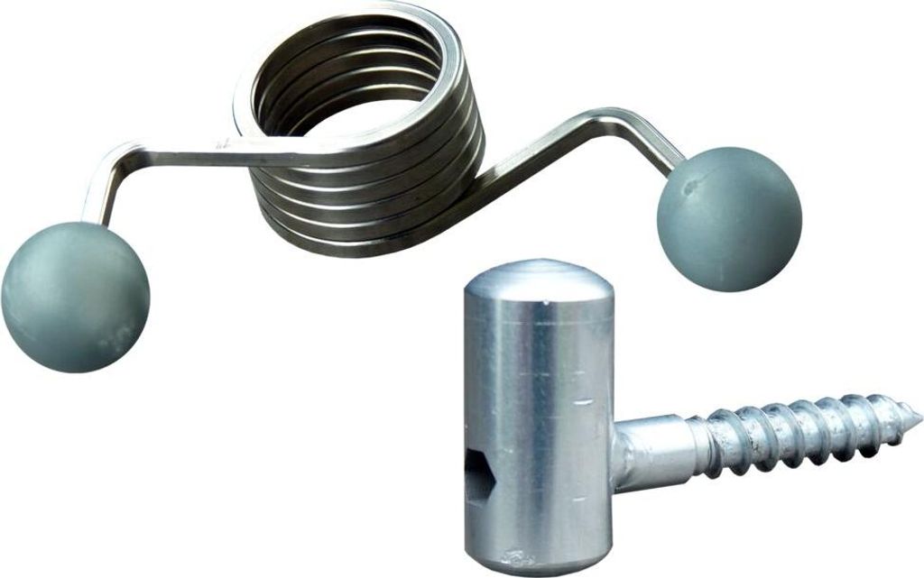 A product shot of a door closer spring and a screw-in hinge part against a white background.