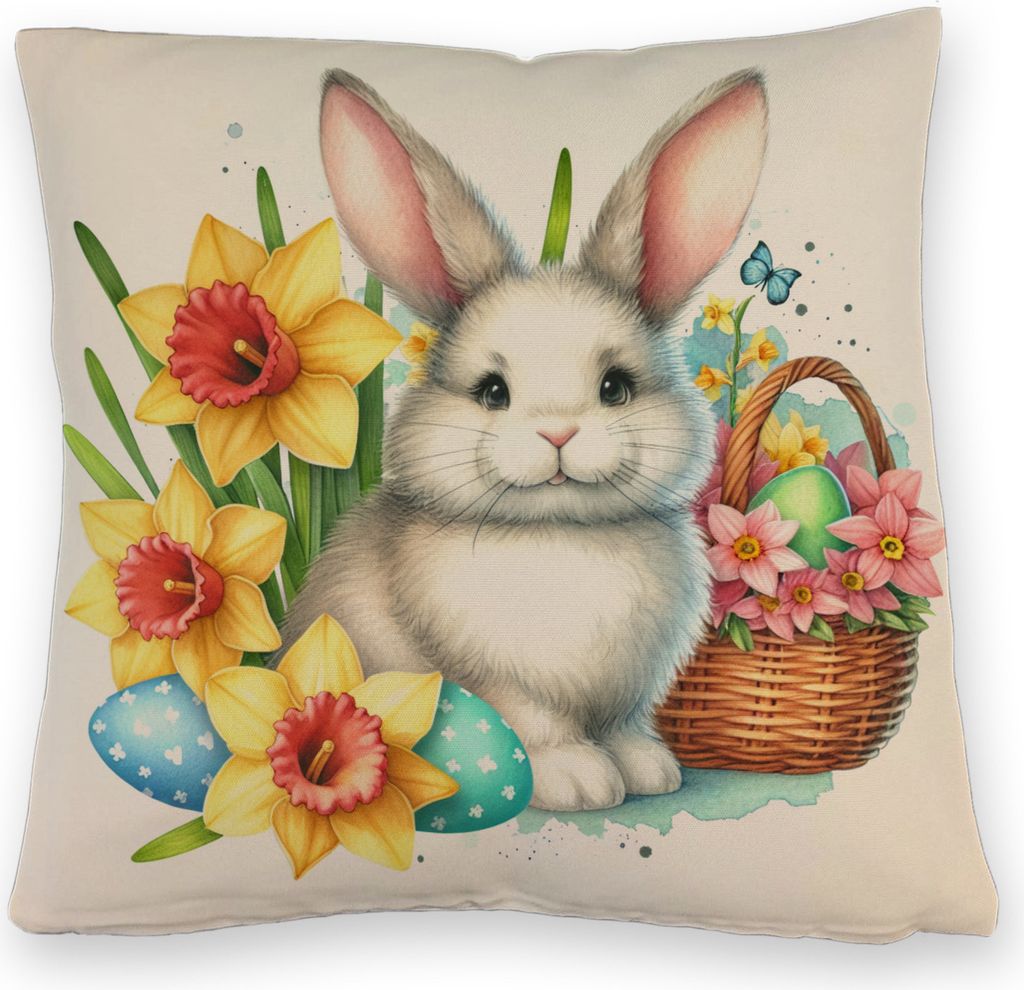 Niedlicher Osterhase mit Osterglocken Kissen mit Leinenoptik