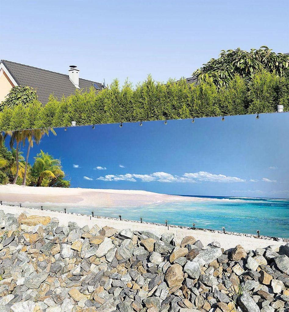 Zaunbanner Urlaubsort mit Palmen und Strand Sichtschutz Produktbild 