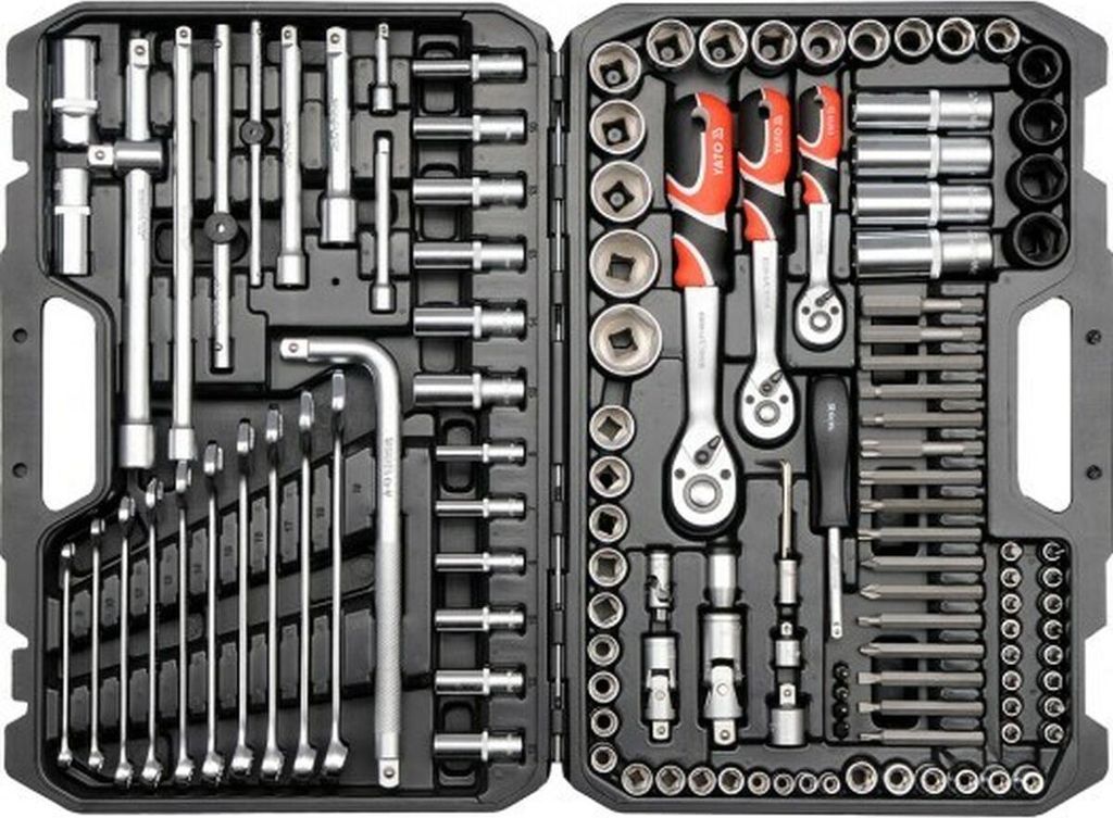 A black toolbox filled with various tools, including sockets, wrenches, and ratchets.