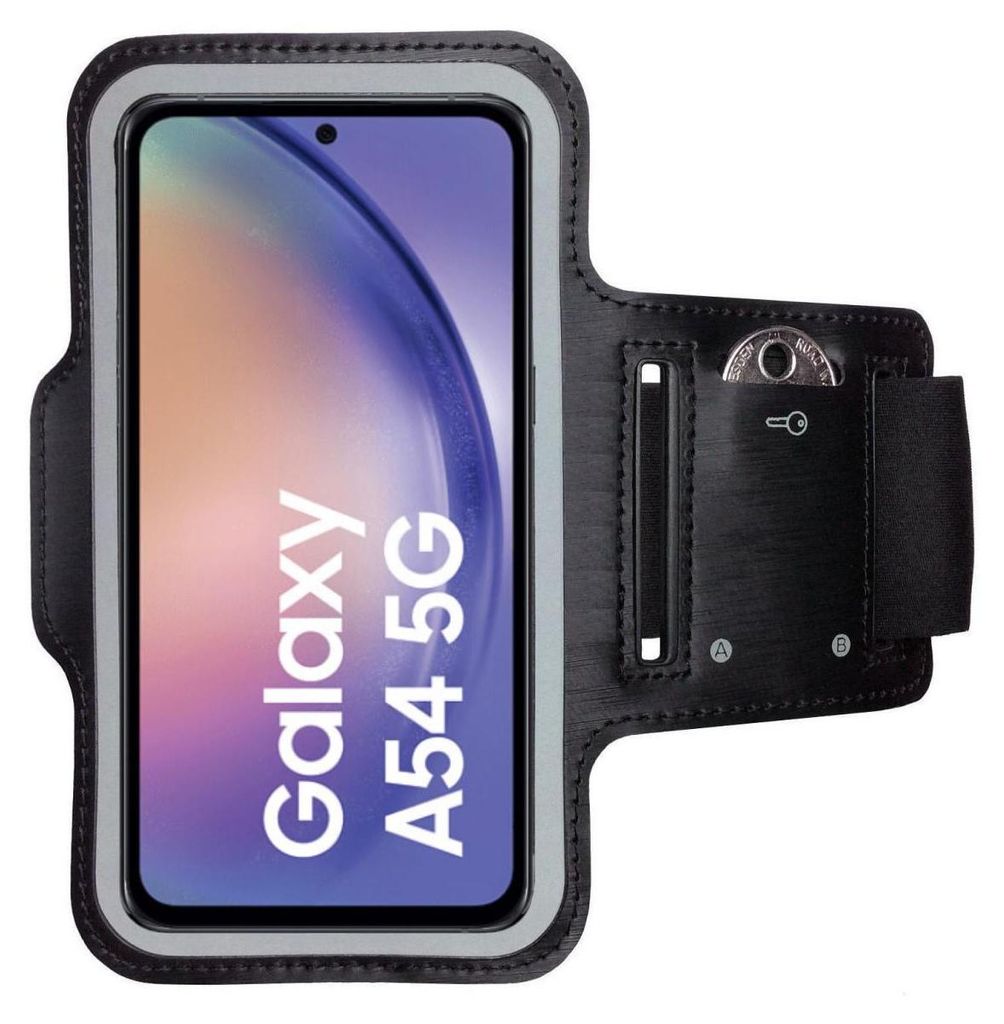 A black sport armband for a smartphone, with a phone displaying the Samsung Galaxy A54 5G logo inside.