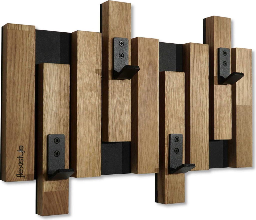Kleiderhaken wand Wandgarderobe Garderobe Holz Eiche design Lamellen paneele Schwarz modern natur 3 Dimensionen (40cm)