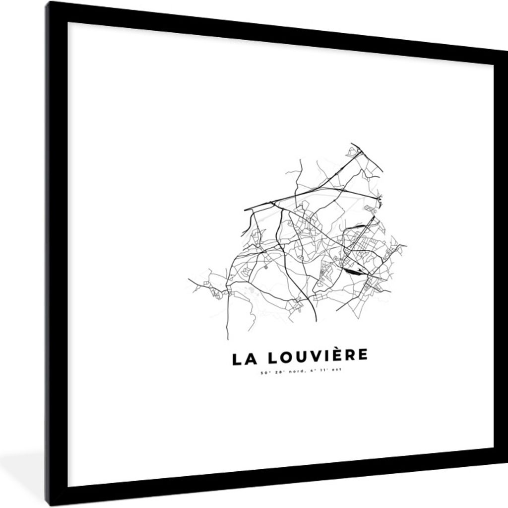 MuchoWow Gerahmtes Poster Karte - Belgien - La Louvière - Schwarz und weiß - Stadtplan 40x40 cm - Poster mit Schwarzem Bilderrahmen Wandposter ...